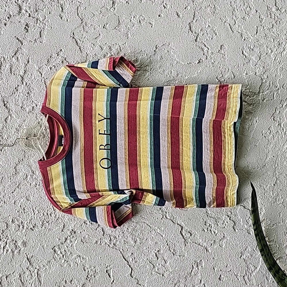 Obey Charlie Box Fuchsia & Multi Stripe T-Shirt Size Medium